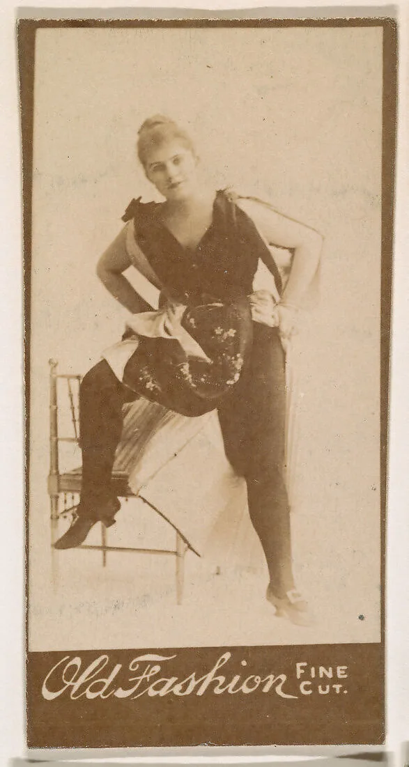 Actress posing with foot on chair, from the Actresses series (N664) promoting Old Fashion Fine Cut Tobacco — Unknown