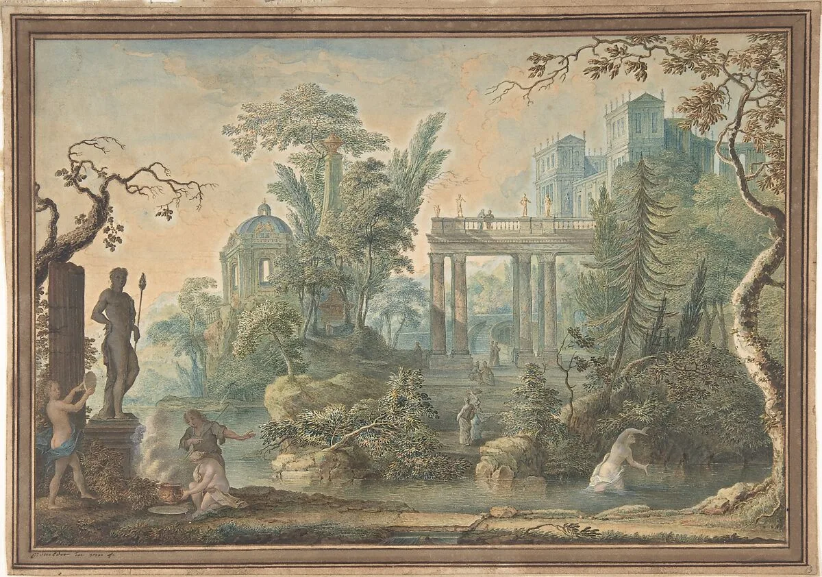 Arcadian Landscape with several Figures and a Statue of Apollo — Gerard Melder