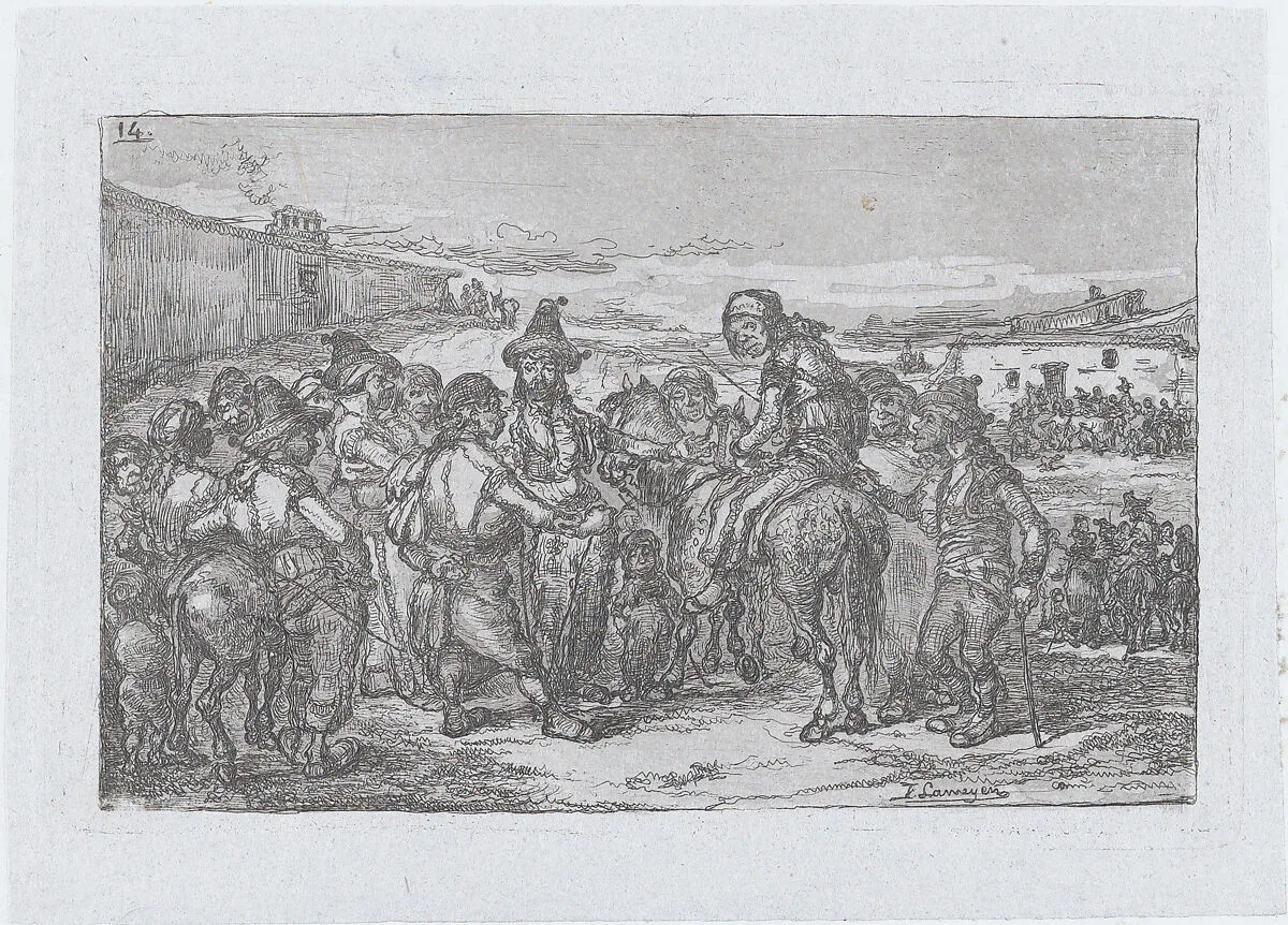 Plate 14: a large group of people outdoors, possibly a troupe of actors, from the series of customs and pastimes of the Spanish people — Francisco Lameyer y Berenguer