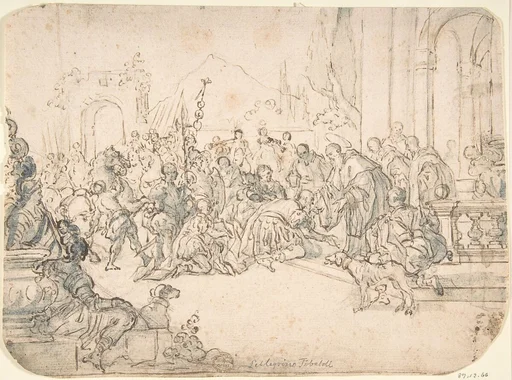 Saint Benedict Receiving a Warrior (recto); Sketch of Crowded Narrative Scene (verso)