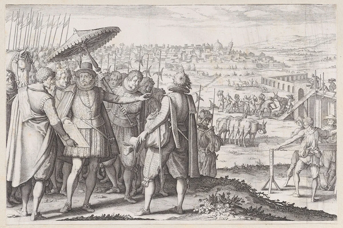Restauration de L'Aqueduc de Pise (Restoring the Aqueduct in Pisa), from La Vie de Ferdinand Ier de Médicis série appelée aussi Les Batailles des Médicis (The Life of Ferdinand I de'Medici also called The Medici Battles) — Jacques Callot|Matteo Rosselli