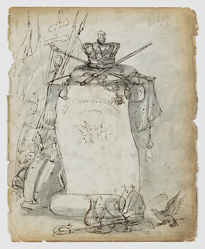 Vignette with Crown, Armor and Ecclesiastical Elements(recto); Knight in Armor (verso)