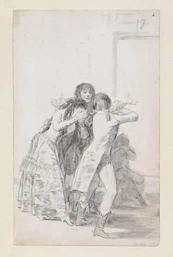 Young woman weeping and covering her face with her hands, accompanied by men; folio 17 (recto) from the Madrid Album 'B'
