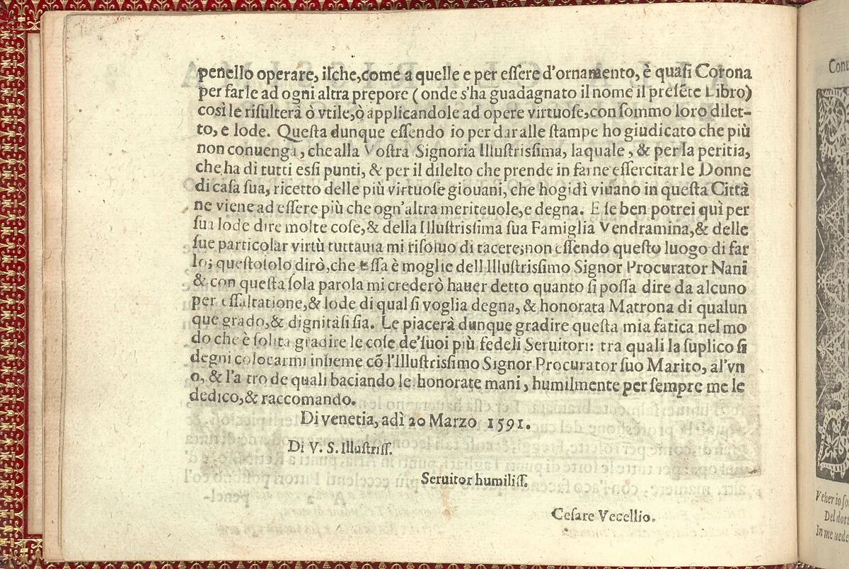 Corona delle Nobili et Virtuose Donne: Libro I-IV, page 2 (verso) — Cesare Vecellio