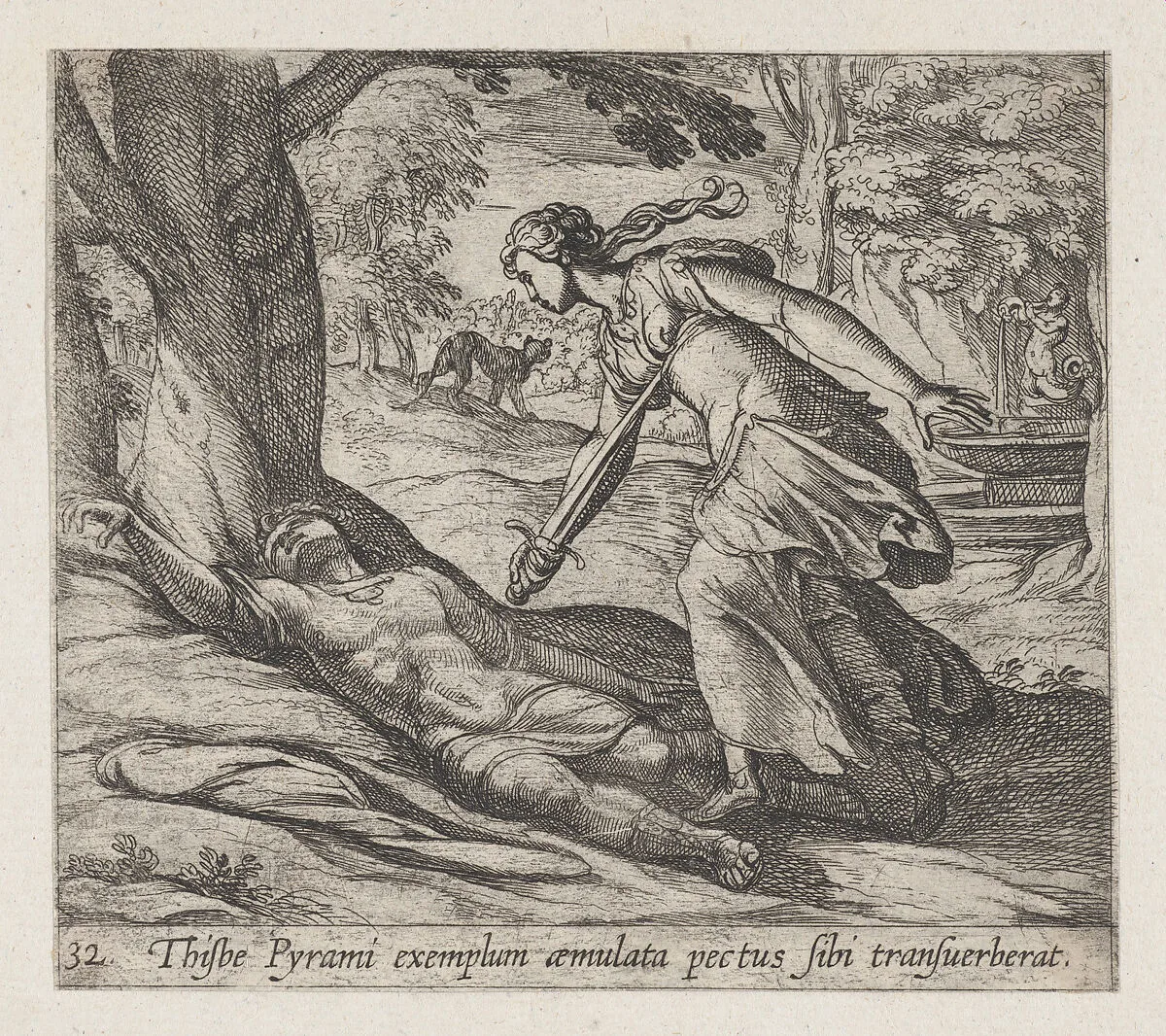 Plate 32: Thisbe Killing Herself (Thisbe Pyrami exemplum aemulata pectus sibi trasuerberat), from Ovid's 'Metamorphoses' — Antonio Tempesta