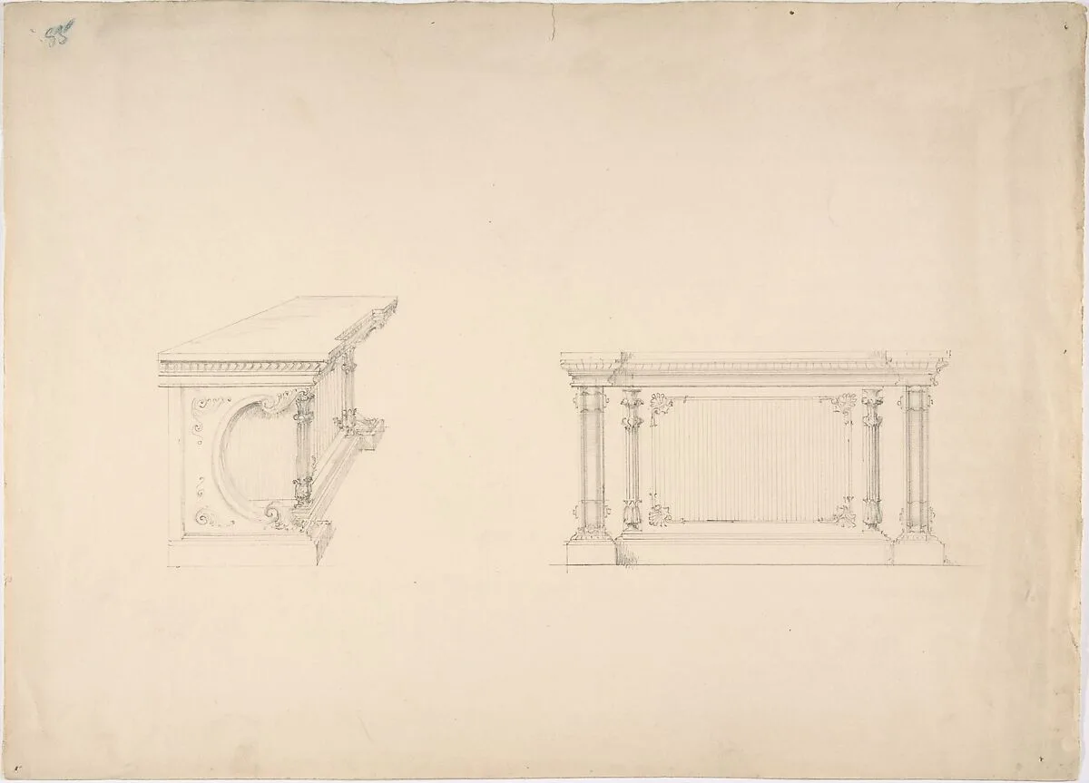 Design for a Cabinet with Columns and Inset Fabric Panels: Elevation and Side View — Anonymous, British, 19th century