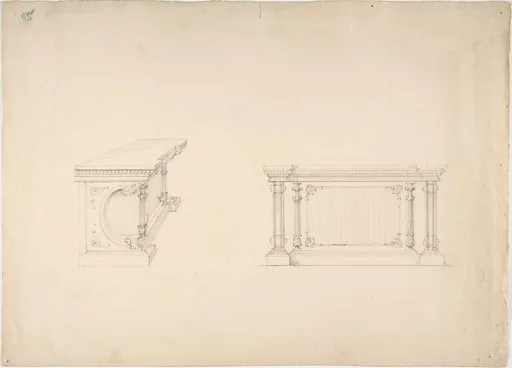 Design for a Cabinet with Columns and Inset Fabric Panels: Elevation and Side View