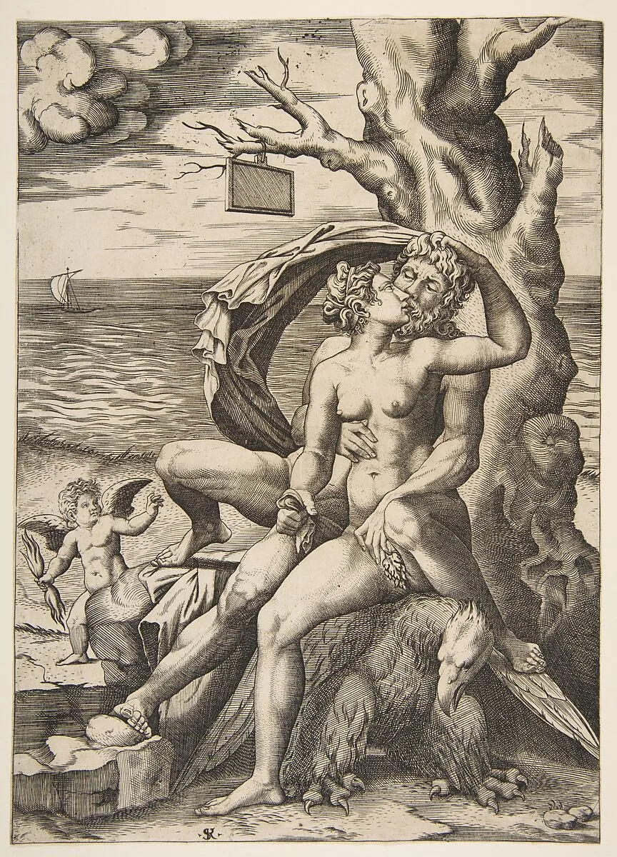 Jupiter and Semele embracing, an eagle beneath them, a tree at right with a blank tablet hanging from a branch, a winged putto holding a thunderbolt at left — Giulio Romano|Marco Dente