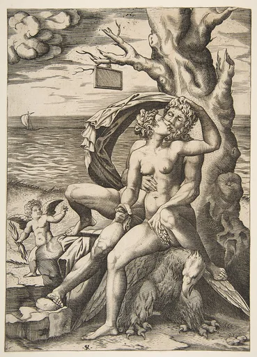 Jupiter and Semele embracing, an eagle beneath them, a tree at right with a blank tablet hanging from a branch, a winged putto holding a thunderbolt at left