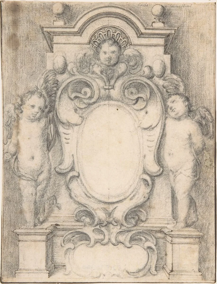 Cartouche between two cherubs on pedestals — Anonymous, Italian, 17th or 18th century