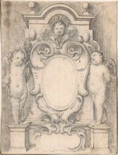 Cartouche between two cherubs on pedestals