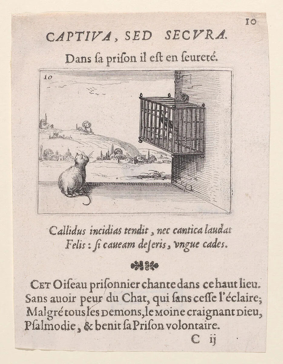 Le Chat Guettant L'Oiseau en Cage (The Cat Watching the Bird in the Cage), from Lux Claustri ou La Lumière du Cloitre (The Light of the Cloisters), plate 10 — Jacques Callot|François Langlois