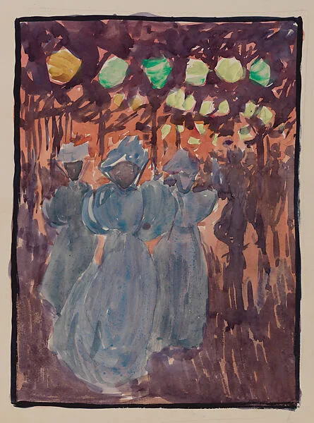Large Boston Public Garden Sketchbook: Night scene with three women in blue — Maurice Brazil Prendergast