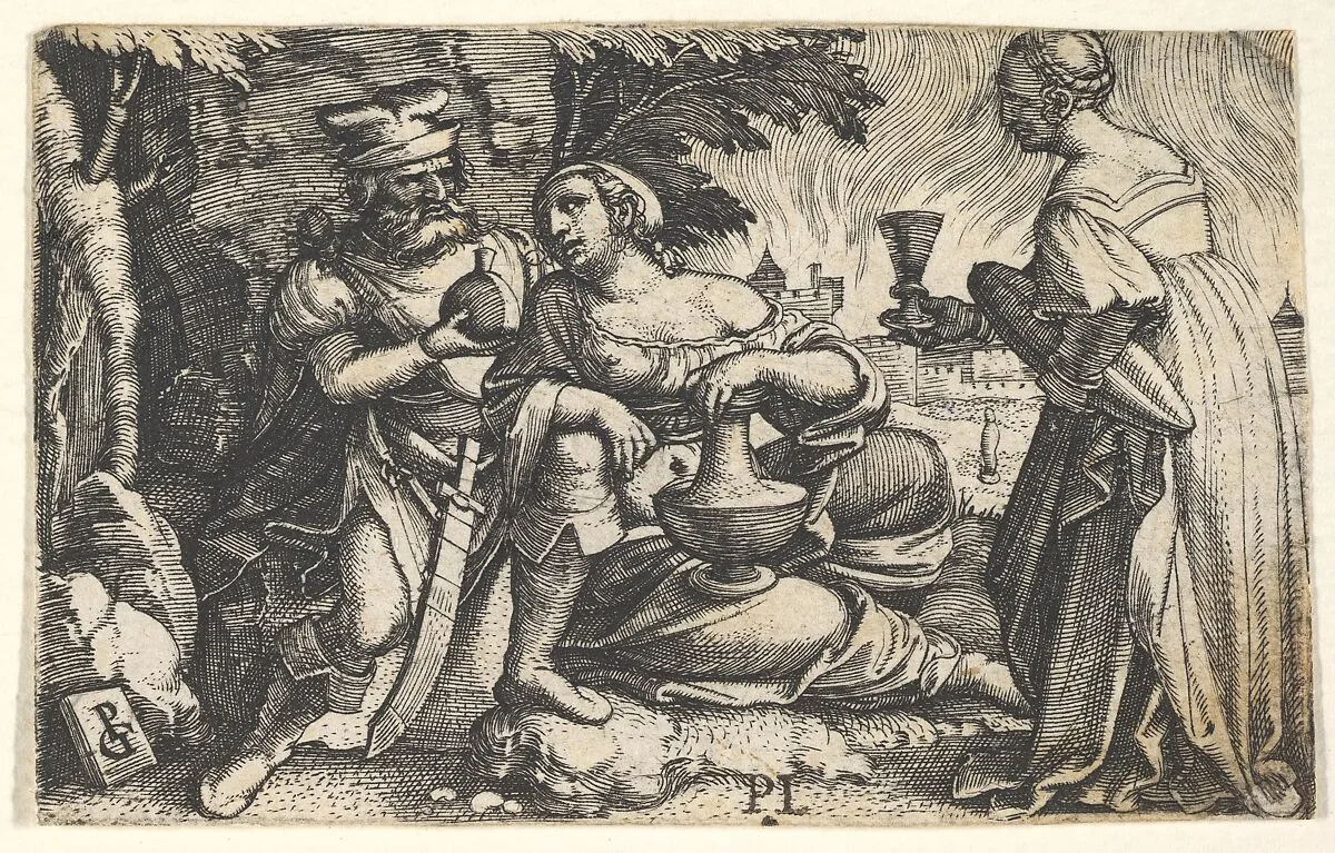 Lot and his daughters: a daughter at center rests her right arm on Lot's knee and a vessel on her thigh, at right a daughter holds a goblet in her outstreched right hand, from a series of ten Old Testament scenes — Georg Pencz
