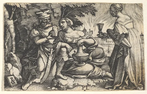 Lot and his daughters: a daughter at center rests her right arm on Lot's knee and a vessel on her thigh, at right a daughter holds a goblet in her outstreched right hand, from a series of ten Old Testament scenes
