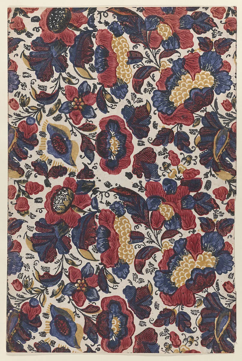 Paste end paper with overall pattern of red, blue, and yellow flowers — Anonymous|Remondini Family