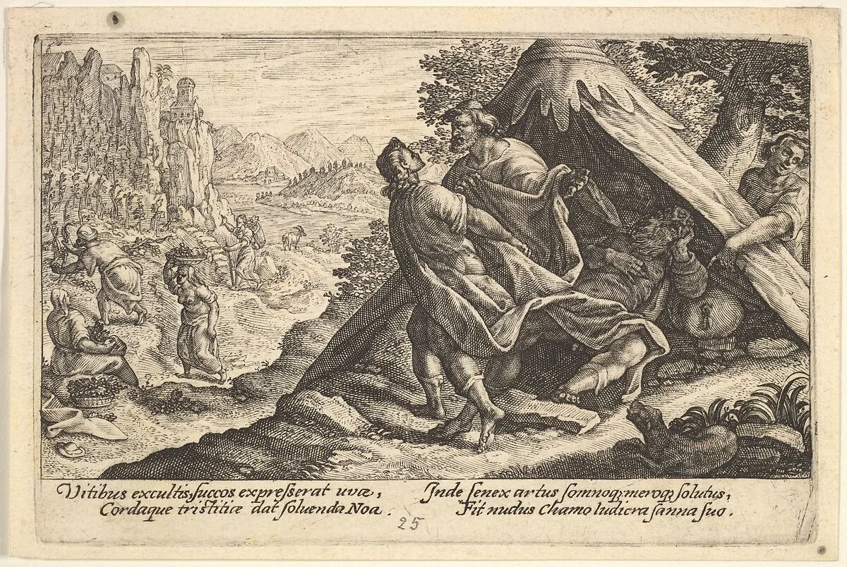 Drunkenness of Noah: Shem and Japheth cover the naked body of Noah, who lies in a tent, a male figure at far right points to Noah, from "Liber Genesis" — Crispijn de Passe the Elder