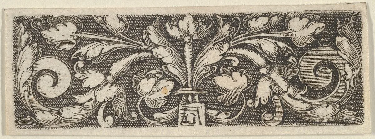 Horizontal Panel with Two Tendrils Sprouting from the Center, Ending in Volutes — Heinrich Aldegrever