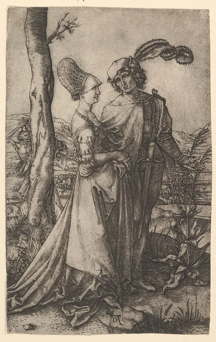 Lord and lady walking with figure of death hiding behind a tree, holding an hourglass, The Promenade after Dürer — Marcantonio Raimondi|Albrecht Dürer