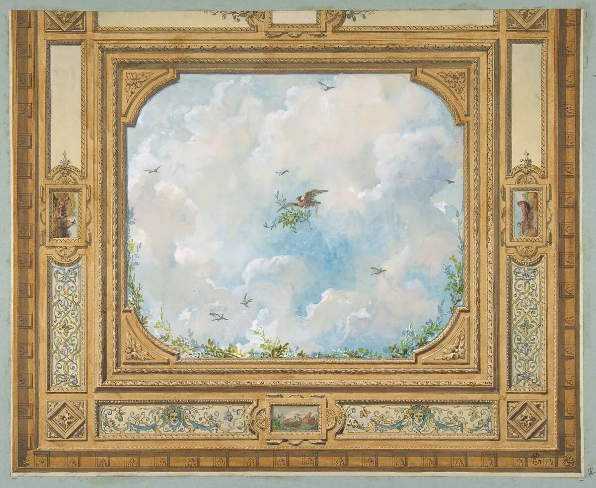 Design for a ceiling decorated with clouds and birds — Jules-Edmond-Charles Lachaise|Eugène-Pierre Gourdet