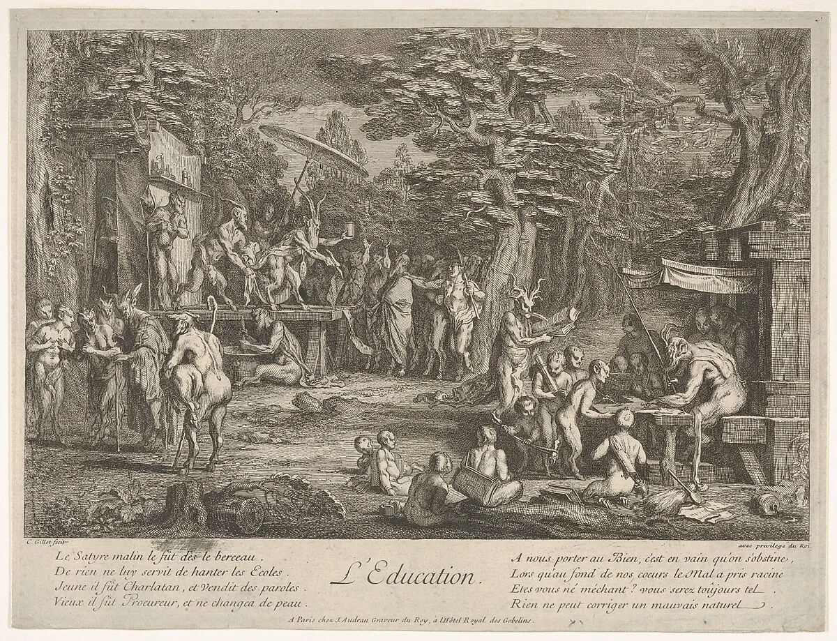 The Education (L'Education): in a forest, to right an old satyr instructor holding a wand, teaching a group of children, to the left a merchant of orvietan trying to attract spectators with his act, from 'The lives of satyrs' (La vie des satyres) — Claude Gillot|Jean Audran