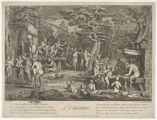 The Education (L'Education): in a forest, to right an old satyr instructor holding a wand, teaching a group of children, to the left a merchant of orvietan trying to attract spectators with his act, from 'The lives of satyrs' (La vie des satyres)
