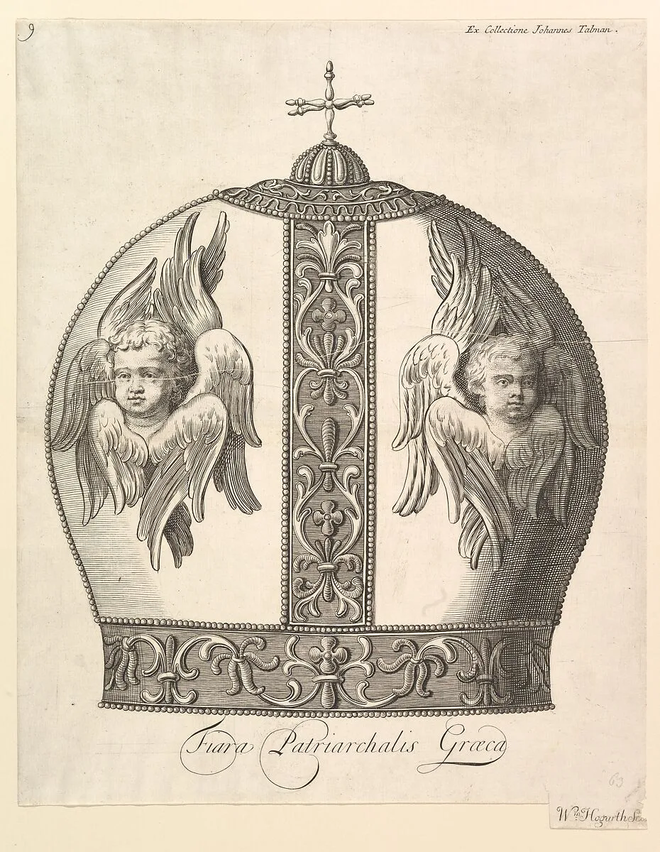 A Greek Patriarchal Crown – Tiara Patriarchalis Graeca (Aubry de La Mottraye's "Travels throughout Europe, Asia and into Part of Africa...," London, 1724, vol. I, plate 9) — William Hogarth|Aubry de La Mottraye