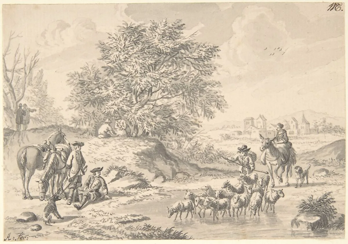 Landscape with Resting Cavaliers and a Shepherd with his Flock — Nicolaas Aartman