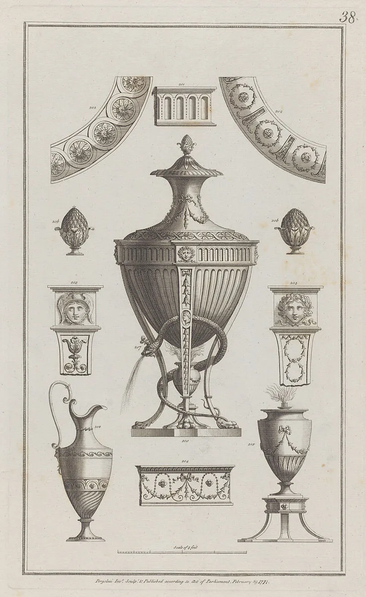 Vases and Ornament Designs, nos. 200-208, plate 38 from "Designs for Various Ornaments" — Michelangelo Pergolesi