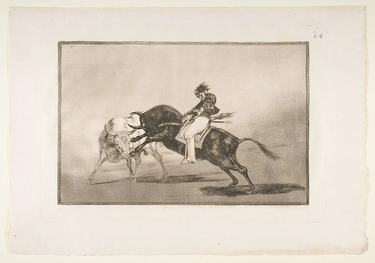Plate 24 of "La Tauromaquia": The same Ceballos mounted on another bull breaks short spears in the ring at Madrid — Goya (Francisco de Goya y Lucientes)