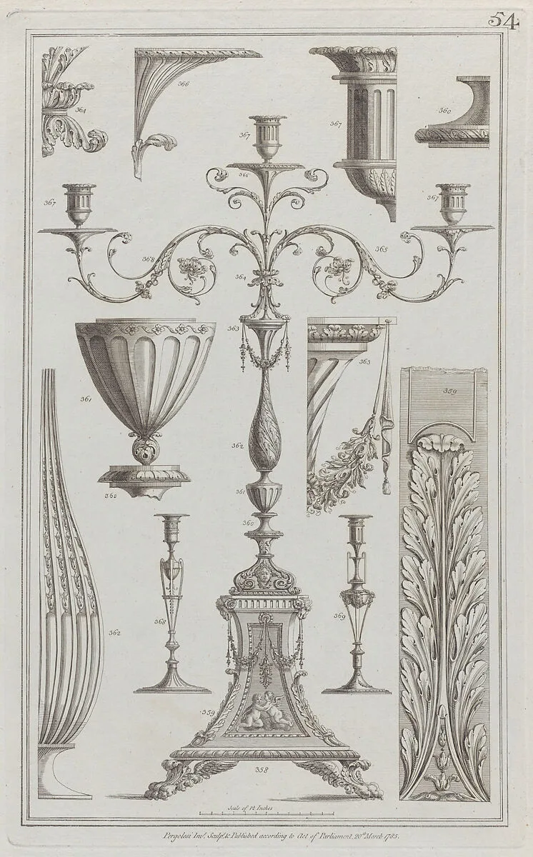 Candelabra, Vessels and Ornament, nos. 358–369, plate 54 from "Designs for Various Ornaments" — Michelangelo Pergolesi