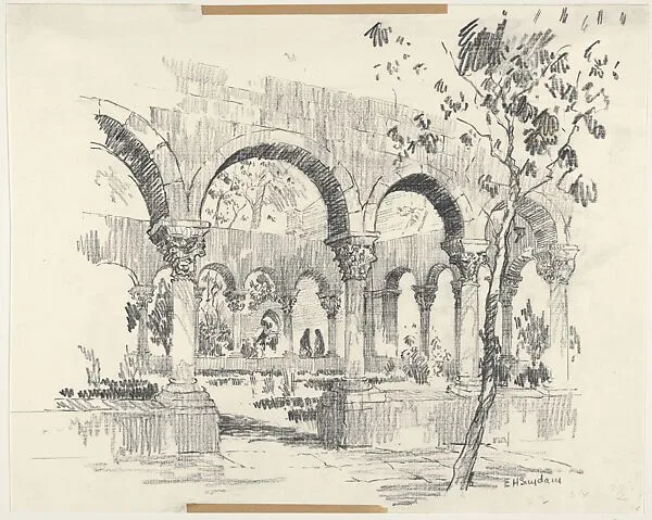 View of Cuxa Cloisters in the Garden of Barnard's Cloisters — Edward Howard Suydam
