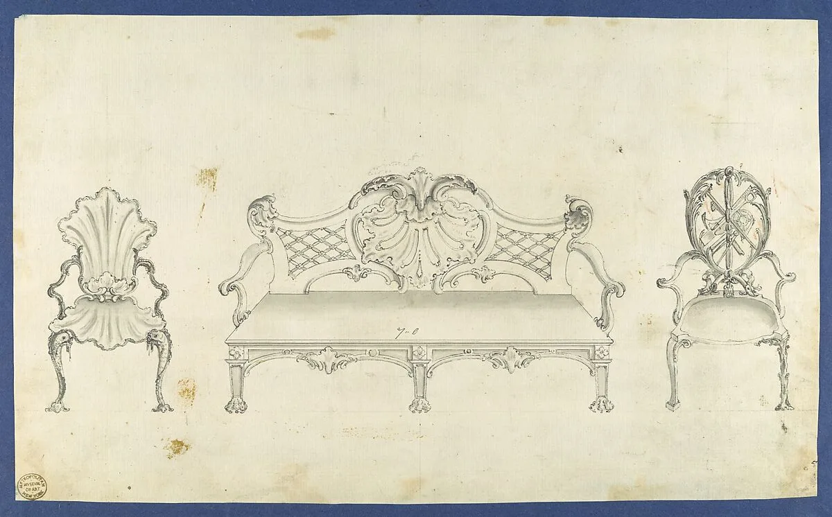 Two Garden Chairs and Long Seat, in Chippendale Drawings, Vol. I — Thomas Chippendale