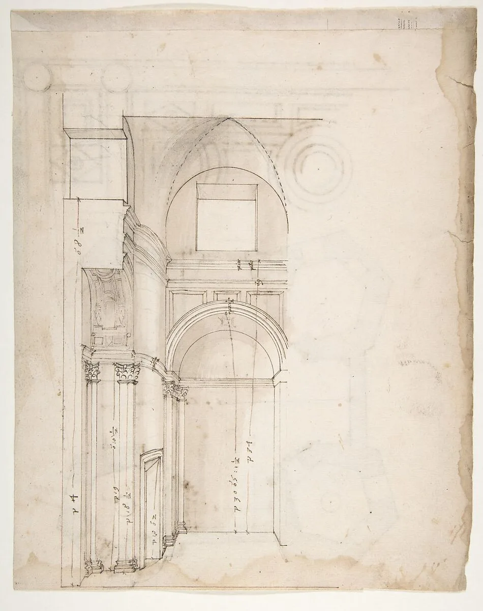 S. Giovanni Laterno, Oratorio della Santa Croce, section, perspective (recto) blank (verso) — Anonymous, French, 16th century