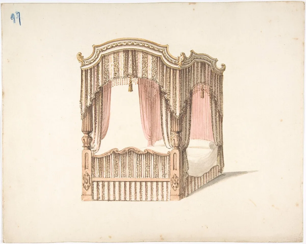 Design for a Curtained Four Poster Bed with Brown, Pink and White Striped Curtains — Anonymous, British, 19th century