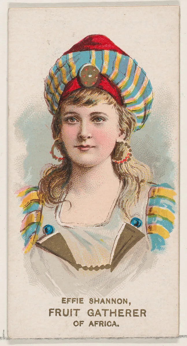 Effie Shannon Dressed as Fruit Gatherer of Africa, from the set Actors and Actresses, Second Series (N71) for Duke brand cigarettes — W. Duke, Sons & Co.|Knapp & Company