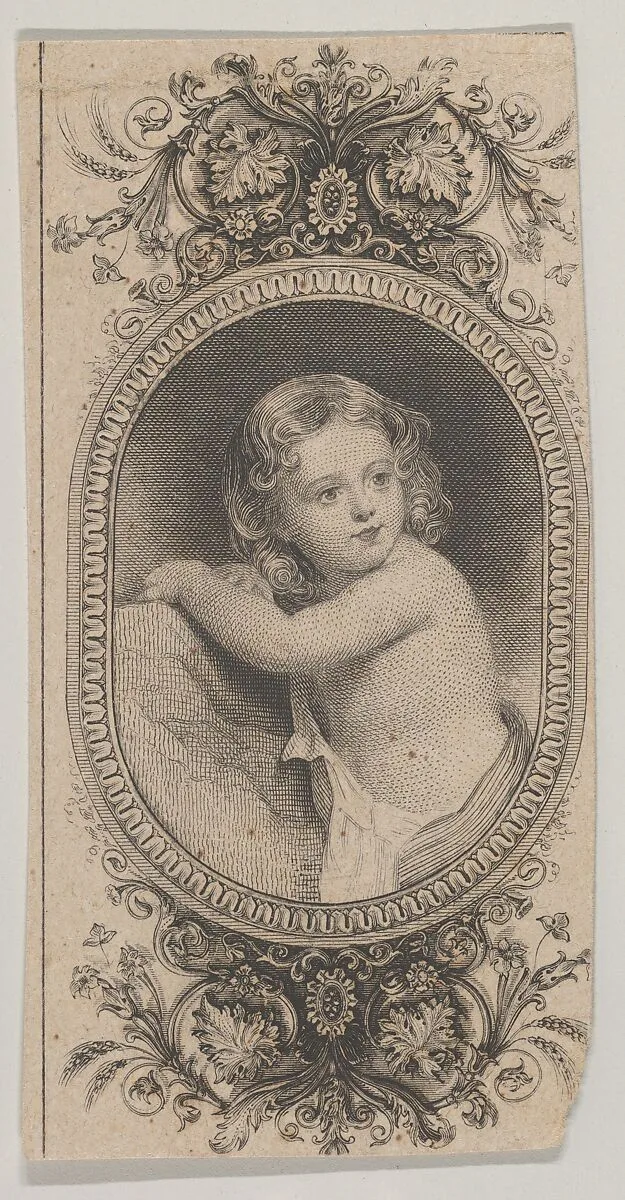 Banknote motif: a child's portrait and two patterned ovals surrounded by a floral frame — Asher Brown Durand|A. B. & C. Durand & Company|Durand, Perkins, and Company|Cyrus Durand