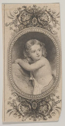 Banknote motif: a child's portrait and two patterned ovals surrounded by a floral frame
