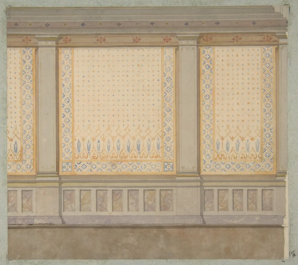 Design for decoration of a wall with painted panels separated by pilasters — Jules-Edmond-Charles Lachaise|Eugène-Pierre Gourdet