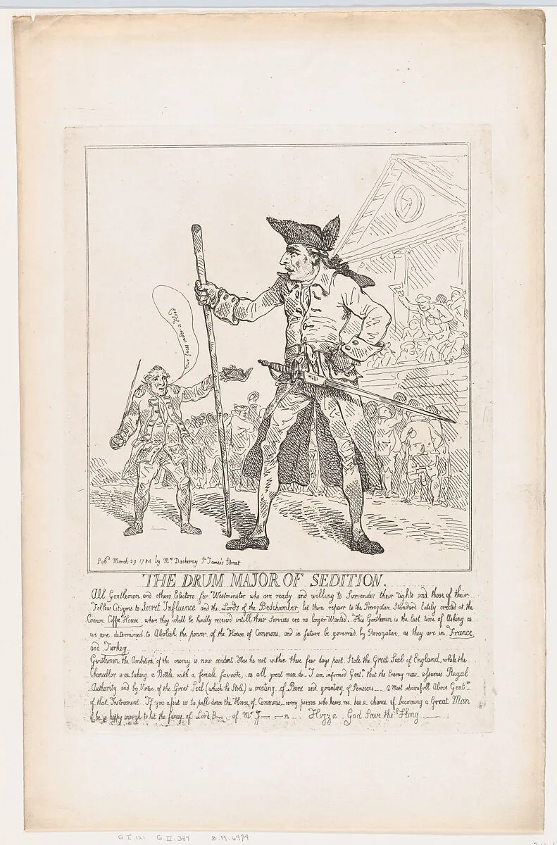 The Drum Major of Sedition — John Stuart, 3rd Earl of Bute|Samuel Hood, 1st Viscount Hood|Edward Thurlow, 1st Baron Thurlow|Thomas Rowlandson|Charles James Fox|Charles Jenkinson|Elizabeth Darchery