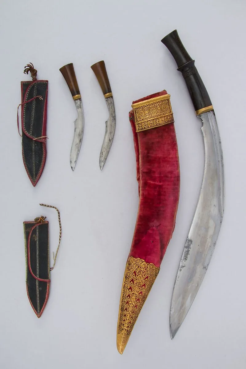 Knife (Kukri) with Two Sheaths, Two Small Knives, and Two Sharpening Pouches — Unknown