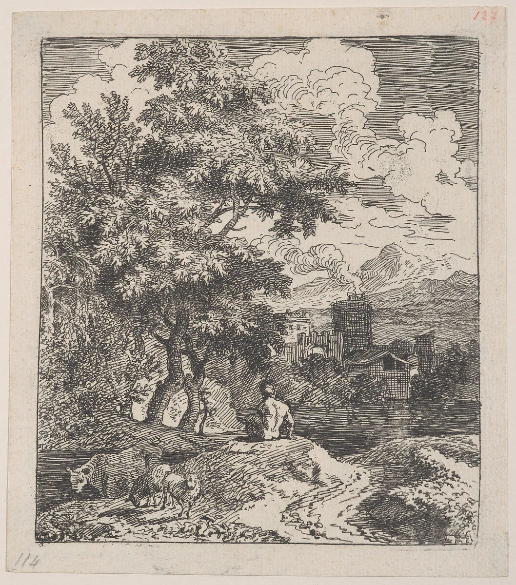 Plate 3: a shepherd seated on a hill, a cow and two sheep at left, and a town in right background, from 'Landscapes in the manner of Gaspar Dughet' — Franz Joachim Beich