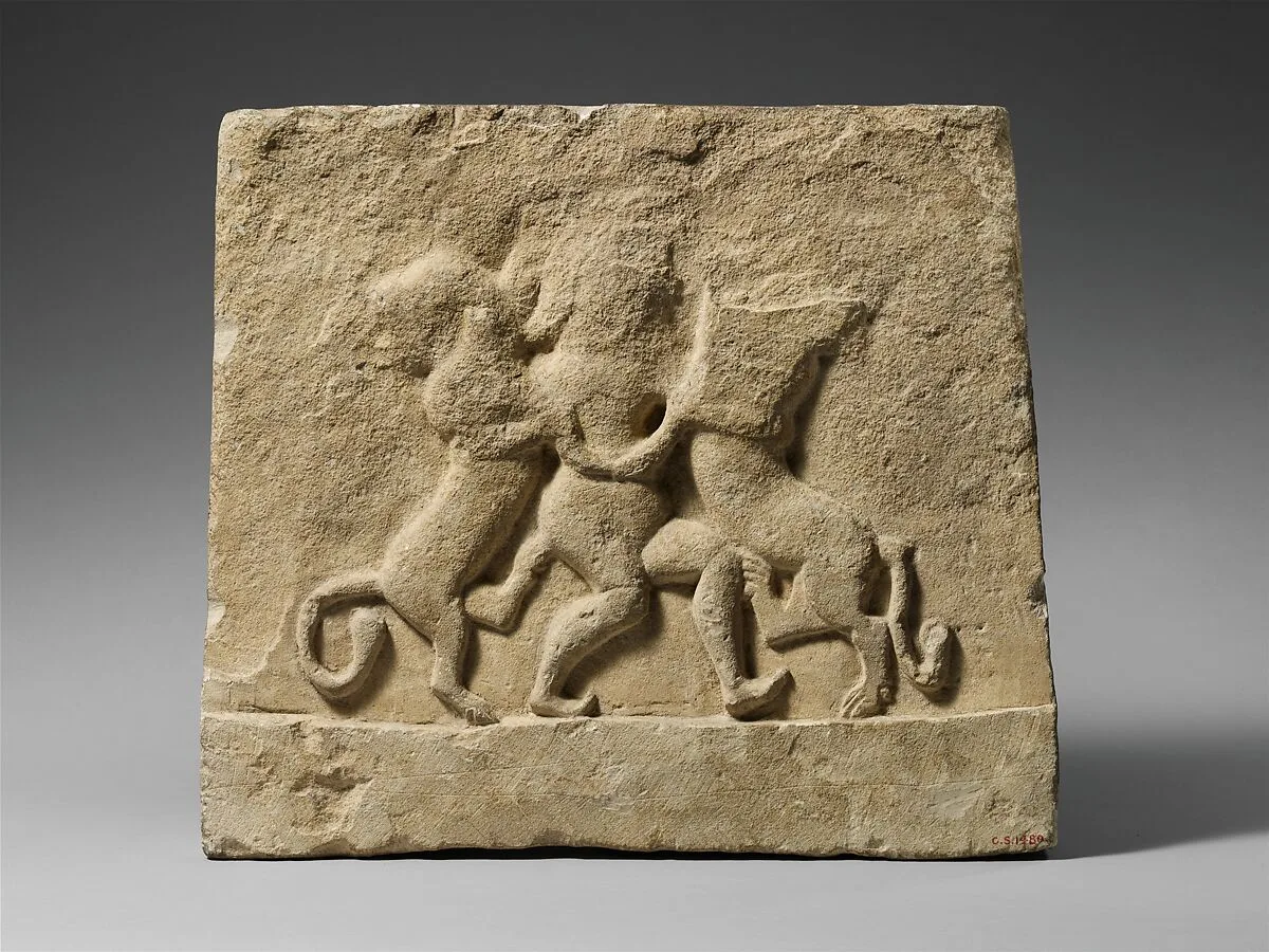 Limestone votive relief with a “master of lions” — Unknown