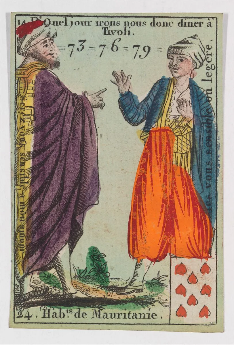 Hab.ts de Mauritanie, from the playing cards (for quartets) "Costumes des Peuples Étrangers" — Anonymous, French, 18th century