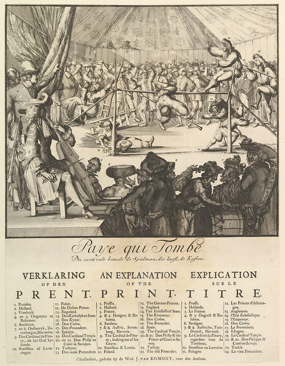 Paye qui Tombe: Die eerst valt betaelt de Speelman, die laest, de Kosten (The Fall of the Country: The First That Falls Pays the Player, the Last the Costs) — Romeyn de Hooghe