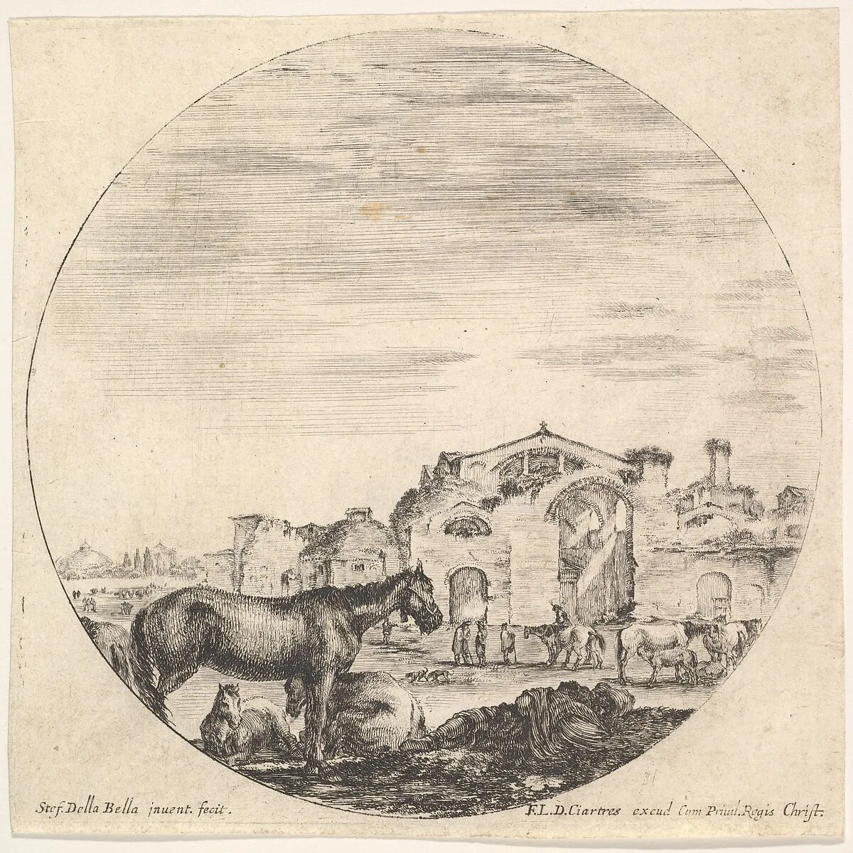 Plate 12: a shepherd sleeping on the ground to right, three horses to left, other horses and various figures to right, the Baths of Diocletian in the background, a round composition, from 'Roman landscapes and ruins' (Paysages et ruines de Rome) — Stefano della Bella|François Langlois
