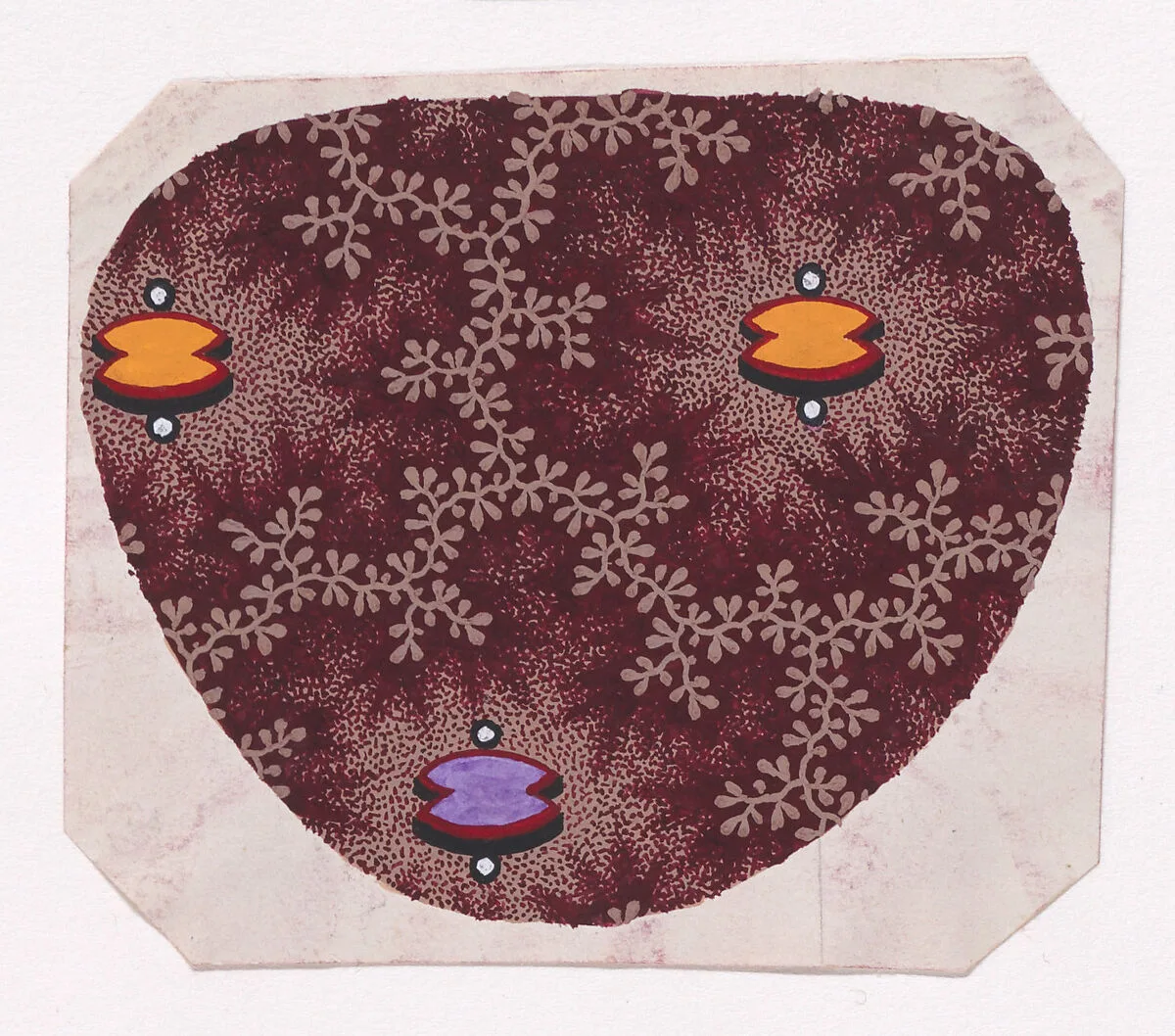 Textile Design with Alternating Rows of Curved Hourglass Shapes Flanked by Two Pearls Framed with Garlands of Stylized Leaves with Offsetting Thorns — Anonymous, Alsatian, 19th century