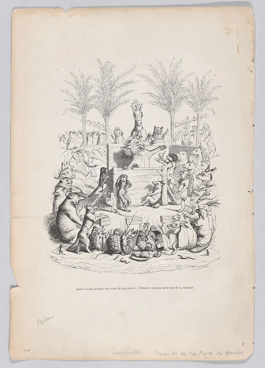 "After accepting a glass of sweet water, the illustrious orator descends from the platform" from Scenes from the Private and Public Life of Animals — Honoré de Balzac|J. J. Grandville