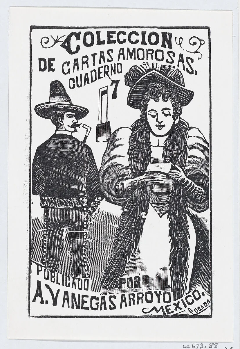 A woman reading a note while a man in the background looks over his shoulder at her, illustration for 'Coleccion de Cartas Amorosas Cuaderno No. 7,' published by Antonio Vanegas Arroyo — José Sanchez|José Guadalupe Posada