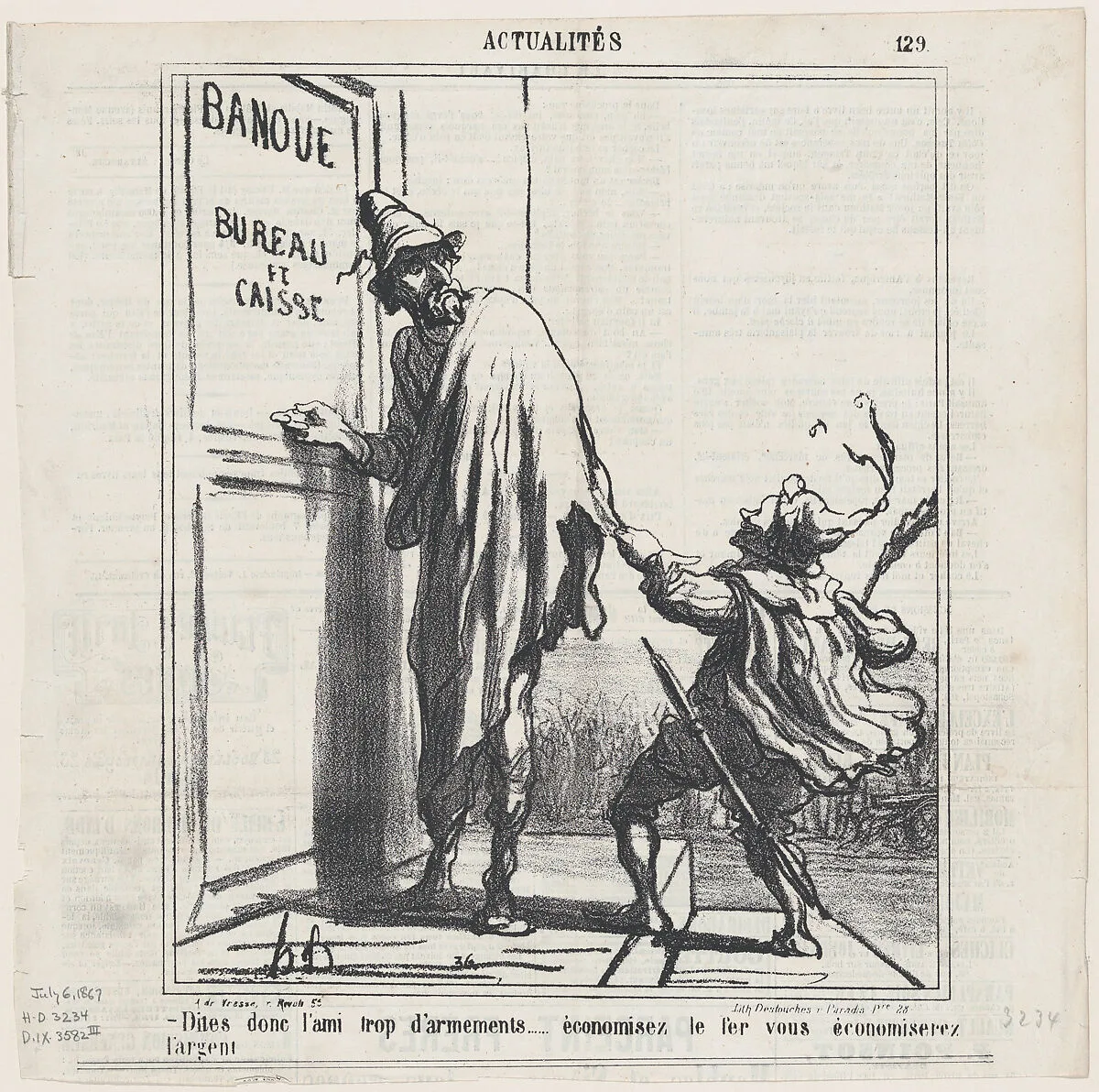 Listen, you friend of rearmament..... if you saved on steel you could also save some money!, from 'News of the day,' published in Le Charivari, July 6, 1867 — Destouches|Honoré Daumier|Arnaud de Vresse
